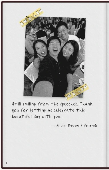 The same friends’ selfie saved on a page of the digital guestbook, held with cat-patterned tape above their handwritten message