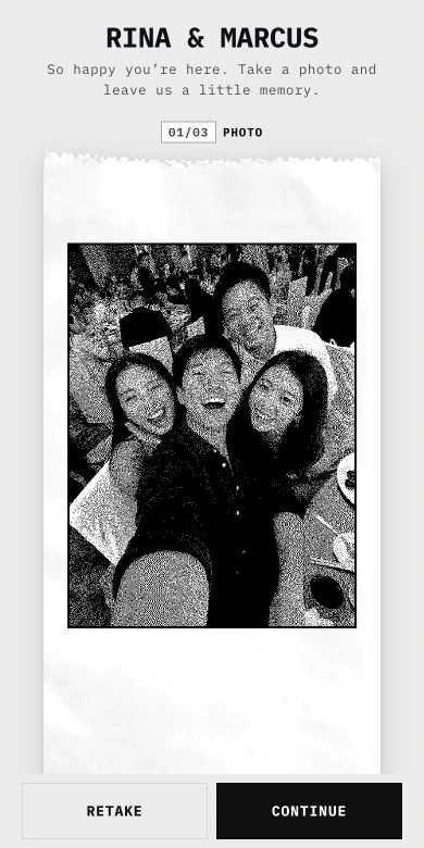 The Monotone guest screen for Rina and Marcus, showing a reception selfie on the paper preview with Retake and Continue controls