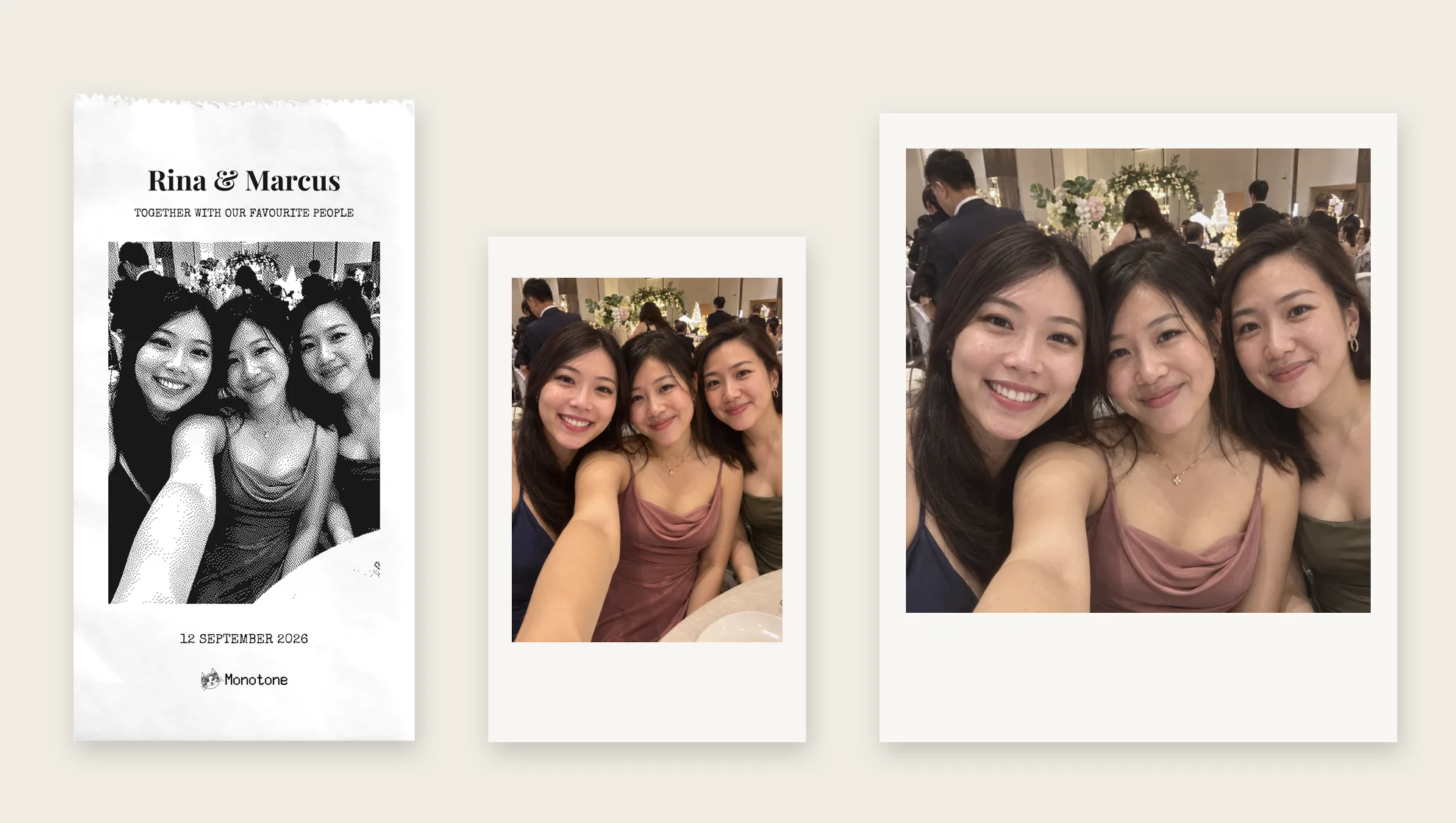 The same photo of three friends at a wedding shown as a black-and-white thermal receipt, an Instax Mini print and a Polaroid print, side by side at true size.