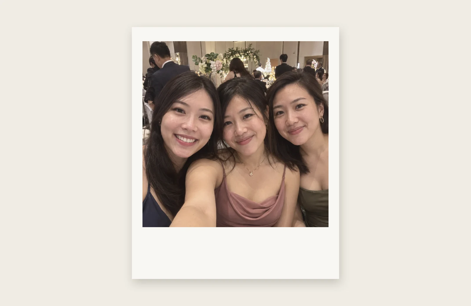 An illustration of a Polaroid print showing the same three friends in soft colour with a wide bottom border.