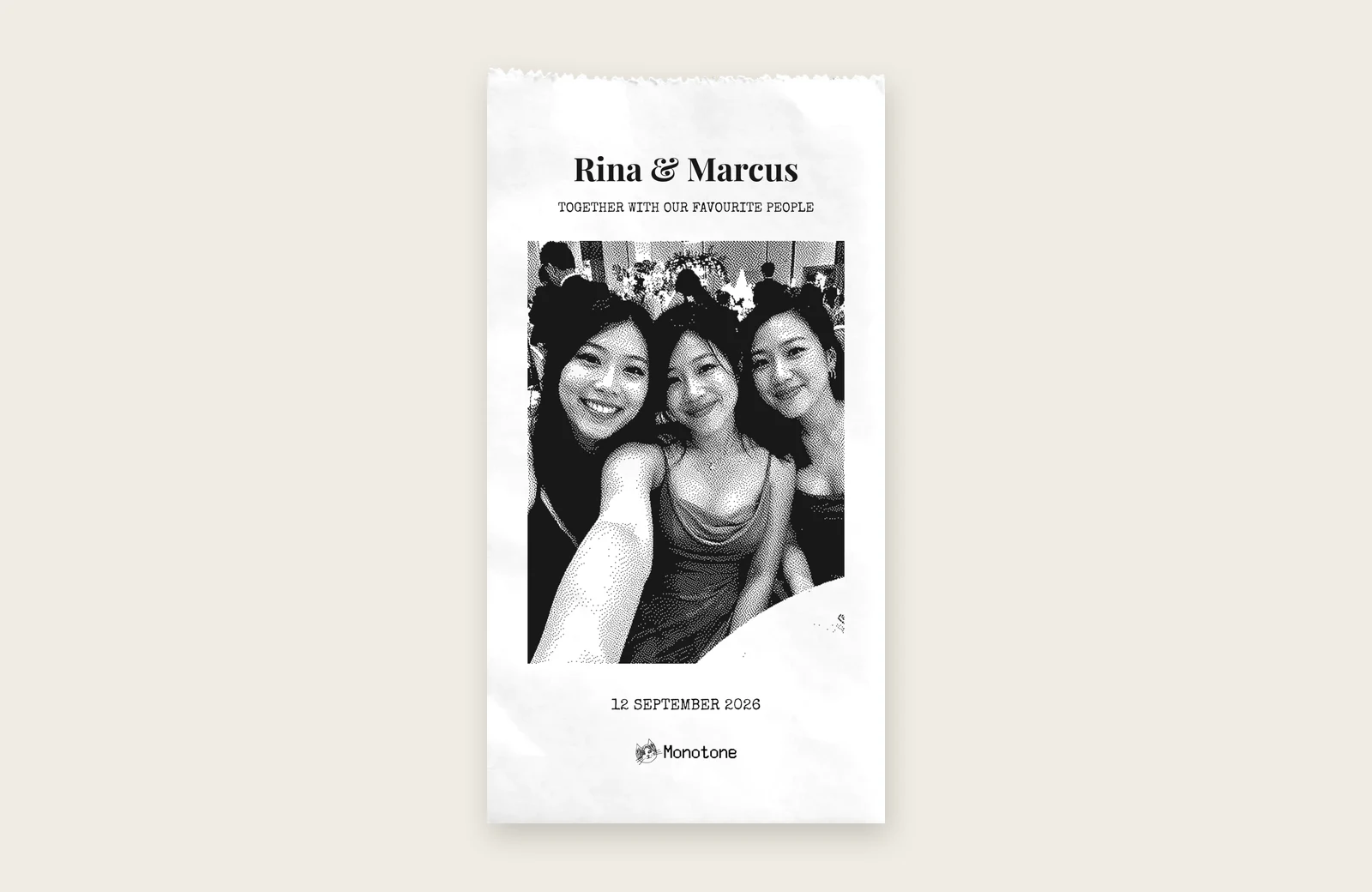 A black-and-white thermal photo receipt with the couple's names above a photo of three friends and the wedding date below.