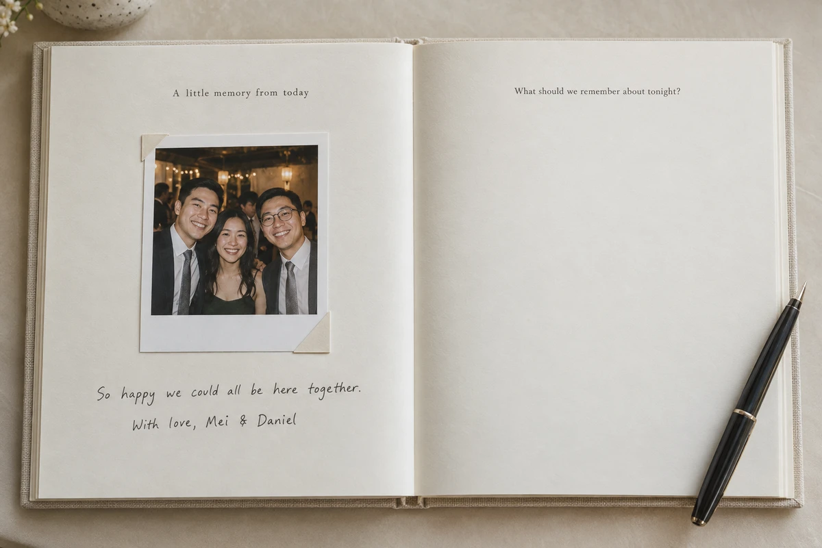 An open album with a guest photo and handwritten message on the left, and a prompt with room to write on the right.