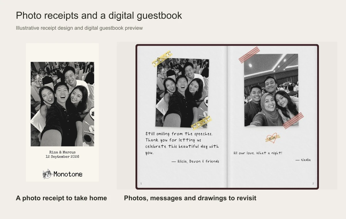 A sample Monotone photo receipt beside a digital guestbook containing photos, messages and drawings.